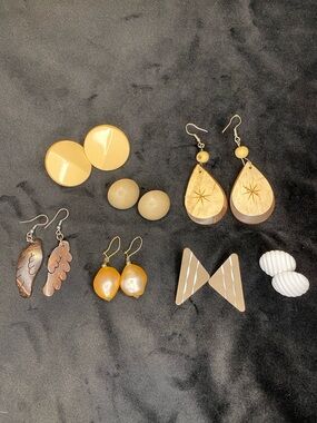 Mixed Neutral Vintage Earring Lot of 7 - Beige, Cream, Brown, White, Wood